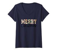 Femme Lettres Patchwork festives Merry Christmas T-Shirt avec Col en V