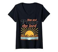 Femme Lève-toi et loue Le Seigneur - Retro Christian Sunburst T-Shirt avec Col en V