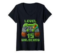 Femme Level 15 Years T-Shirt débloqué pour 15e Anniversaire T-Shirt avec Col en V