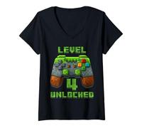 Femme Level 4 Years T-Shirt débloqué pour 4e Anniversaire T-Shirt avec Col en V