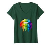 Femme Lèvres colorées et Sexy des années 80 T-Shirt avec Col en V, Vert Forêt, L