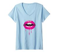 Femme Lèvres dégoulinantes rose vif T-Shirt avec Col en V