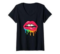 Femme Lèvres Roses Brillantes T-Shirt avec Col en V