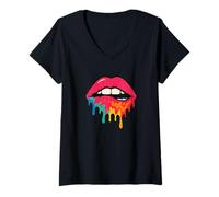 Femme Lèvres Roses Mordant Les lèvres avec Peinture colorée T-Shirt avec Col en V