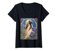Femme Lévrier Afghan Vintage avec Fleurs d'iris Violettes T-Shirt avec Col en V
