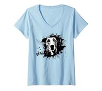Femme Lévrier | Motif lévrier solash T-Shirt avec Col en V, Bleu Céleste, L