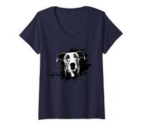 Femme Lévrier | Motif lévrier solash T-Shirt avec Col en V, Bleu Marine, XXL