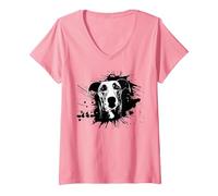 Femme Lévrier | Motif lévrier solash T-Shirt avec Col en V, Rose, L