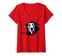 Femme Lévrier | Motif lévrier solash T-Shirt avec Col en V, Rouge, L