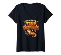 Femme Lézard Barbu Facilement distrait par Les Petits Dragons T-Shirt avec Col en V