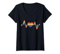 Femme LGBTQ Gay Pride Rainbow Heartbeat Wave Lesbiennes Gays Lovely T-Shirt avec Col en V