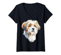 Femme Lhassa-Apso Motif Animal Mignon pour Amoureux des Chiens T-Shirt avec Col en V