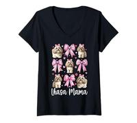 Femme Lhassa Mama Mom Lhassa Apso Dog Mère Fête des Mères Coquette Bow T-Shirt avec Col en V