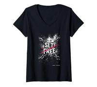 Femme Libérez de John 8 36 Free Indeed Cross Faith T-Shirt avec Col en V
