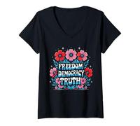 Femme Liberté Démocratie Vérité Retro Fleurs Années 70 4 Juillet T-Shirt avec Col en V