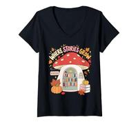 Femme Librairie de Champignons où Les Histoires Poussent l'art de la Lecture d'automne T-Shirt avec Col en V