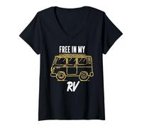 Femme Libre dans Mon RV Voyage Route Minimal Nomade T-Shirt avec Col en V
