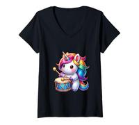 Femme Licorne Arc-en-Ciel avec Tambour Magique T-Shirt avec Col en V