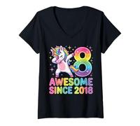 Femme Licorne Arc en Ciel Huit avec Awesome Since 2018 T-Shirt avec Col en V