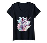 Femme Licorne arc-en-ciel loup pour les amateurs de loup T-Shirt avec Col en V