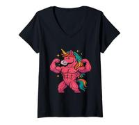 Femme Licorne Forte fléchissant Les Muscles Arc-en-Ciel Cheveux Fantaisie drôle T-Shirt avec Col en V