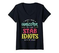 Femme Licorne Humoristique « I Wish i Was a Unicorn So i Can Stab Idiots » T-Shirt avec Col en V