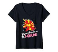Femme Licorne macédonienne Drapeau de la Macédoine du Nord T-Shirt avec Col en V