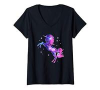 Femme Licorne, Magie, Étoiles, Espace, pink, Ciel étoilé T-Shirt avec Col en V