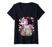 Femme Licorne rétro pour enfant - Licornes - Fille - Cheval - Fleurs de conte T-Shirt avec Col en V