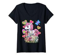 Femme Licorne rétro pour enfant - Licornes - Fille - Cheval - Fleurs de conte T-Shirt avec Col en V