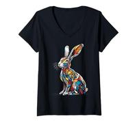 Femme Lièvre d'art Motif lièvre T-Shirt avec Col en V