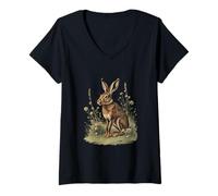 Femme Lièvre de Forêt et Fleurs des Prés T-Shirt avec Col en V