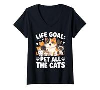 Femme Life Goal Pet All The Cats Cute Kawaii Multiple Cats Citation T-Shirt avec Col en V