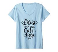 Femme Life Happens Cats Help - Funny Cat Lover Cat Moms Cat Dads T-Shirt avec Col en V