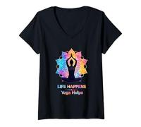 Femme Life Happens Yoga Aide à Méditer Yoga Mandala Lotus Zen T-Shirt avec Col en V