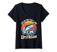 Femme Life in the fast lane upstream Retro Fisherman Mens Saumon T-Shirt avec Col en V