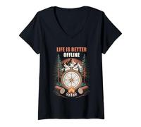 Femme Life is Better Offline - Camping & Hiking Outdoors Nature T-Shirt avec Col en V