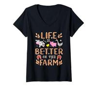 Femme Life is Better on The Farm Animaux Mignons Fermier Farming Girl T-Shirt avec Col en V