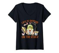 Femme Life is Better on The River Fisherman GNOME Loves Fishing T-Shirt avec Col en V