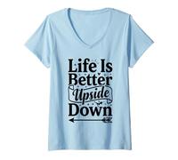 Femme Life is Better Upside Down Pole Dance Typographie T-Shirt avec Col en V