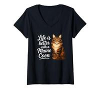 Femme Life is Better with A Maine Coon Cat Mom Dad Chat à Poils Longs T-Shirt avec Col en V