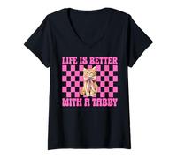 Femme Life is Better with A Tabby Chat Girl Cat Mom Coquette T-Shirt avec Col en V
