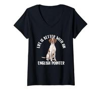 Femme Life is Better with an English Pointer Chien de Chasse T-Shirt avec Col en V