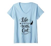 Femme Life is Better with Cat - Funny Cat Lover Cat Moms Cat Dads T-Shirt avec Col en V