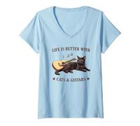 Femme Life is Better with Cats and Guitars Black Cat Guitarist T-Shirt avec Col en V