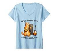 Femme Life is Better with Cats and Guitars Funny Guitarist Music T-Shirt avec Col en V
