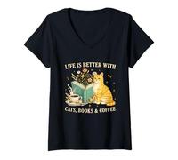 Femme Life is Better with Cats Books and Coffee Cat Lover Reading T-Shirt avec Col en V