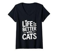 Femme Life is Better with Cats T-Shirt avec Col en V