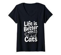 Femme Life is Better with Cats T-Shirt avec Col en V