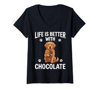 Femme Life is Better with Chocolate Chien Citation T-Shirt avec Col en V